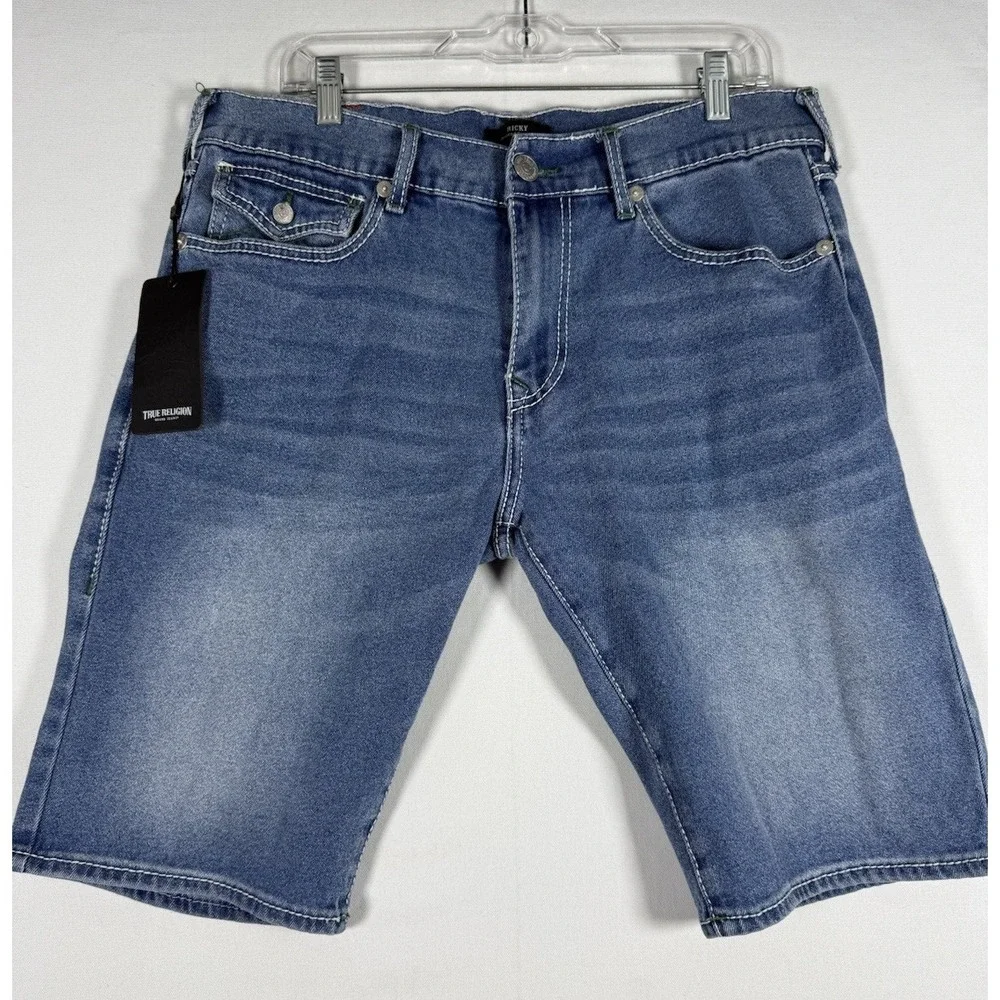 NWT True Religion Ricky Relaxed Straight Big T Flap Shorts Mens 34 Pacific Wash